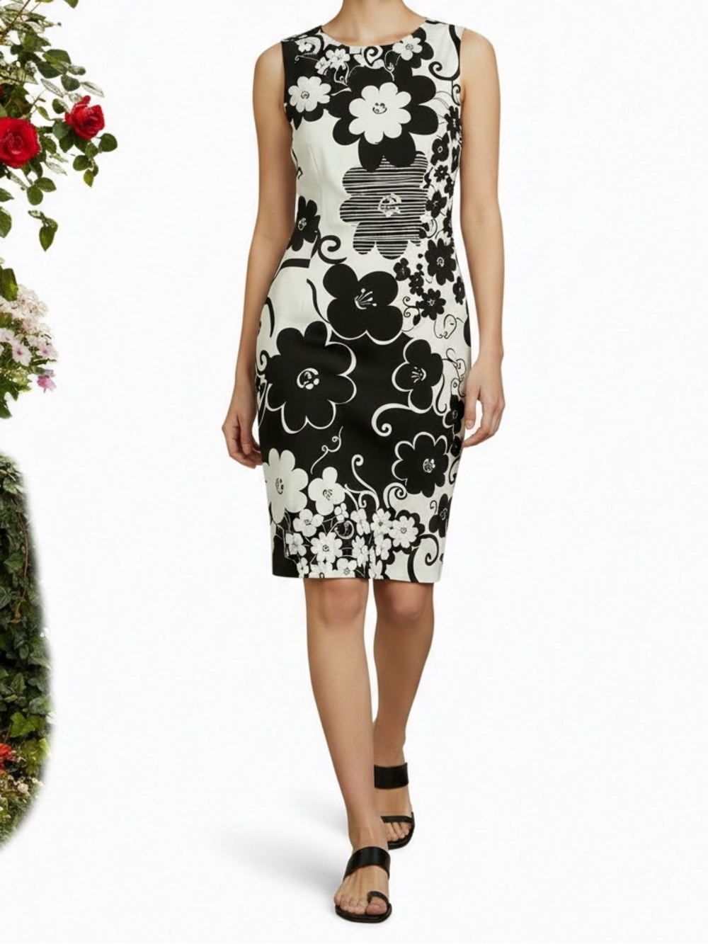 Connected Apparel Mod Graphic Daisy Print Sleeveless Dress Black Whit